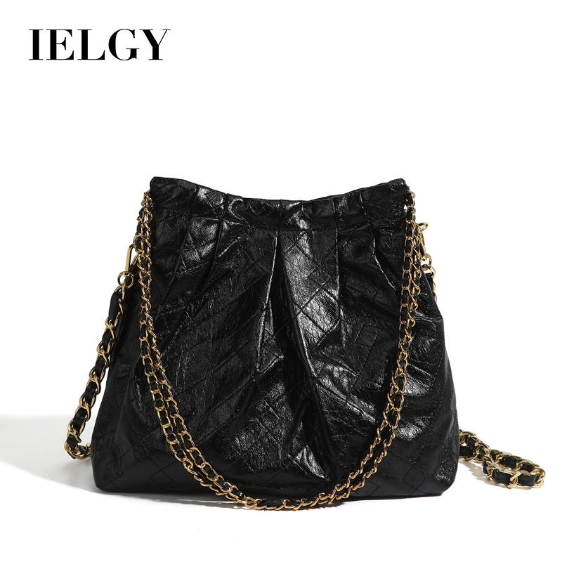IELGY Ladies Rhombus Soft Leather Shoulder Messenger Bucket Bag Large Capacity