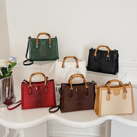 Ielgy Tote Bag Casual Large Capacity Crocodile Pattern Bamboo Handbag