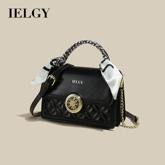 IELGY Casual and Simple Handbag with Silk Scarf Decoration and Chain Shoulder Strap, Available in Black and White Colors, Stylish Diamond Grid Crossbody and Shoulder Bag for Women