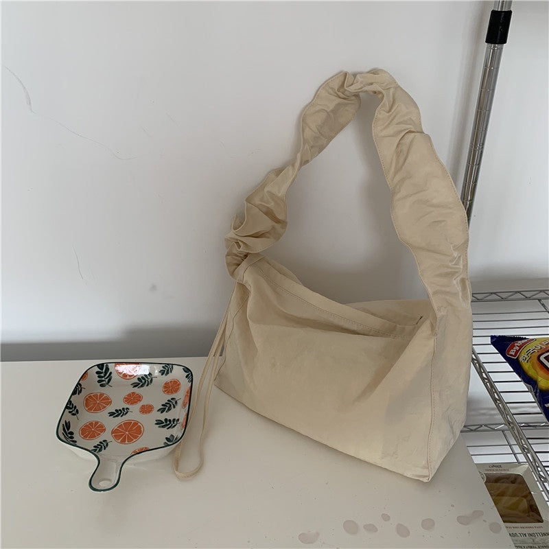 Ielgy Small Fresh Literary Solid Color Ladies Canvas Bag Korean Version One Shoulder Pleated Drawstring Portable Diagonal Casual Bag