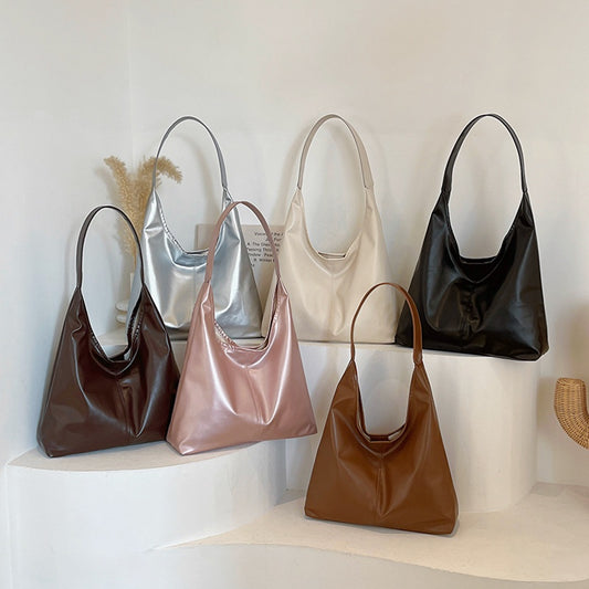 Ielgy Female Bag Simple Shoulder Tote Bag Solid Color Commuter Large Capacity Silver Underarm Fashion Bag