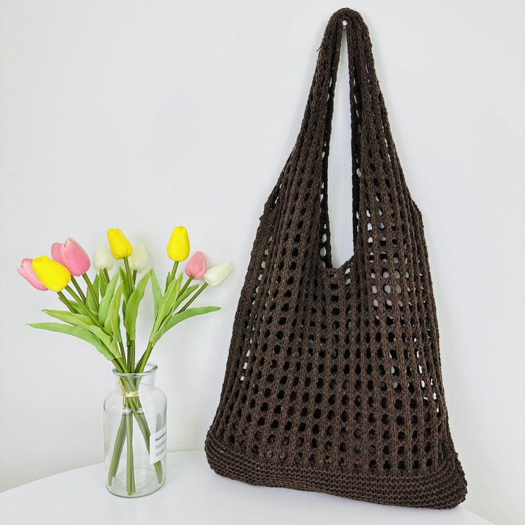 Ielgy Japanese Korean Style Tote Bag Beach Bag Knitted Hollow Shoulder Knitted Bag