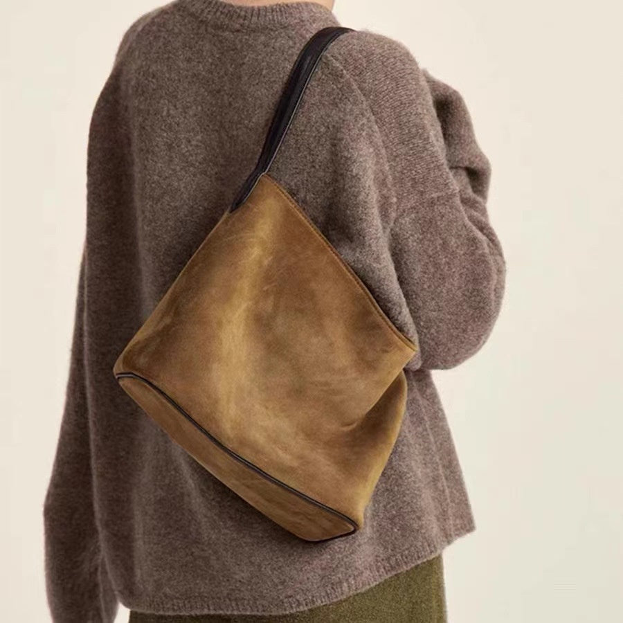 Ielgy Suede Leather Handbag Winter Fashion Old-fashioned Style High-End Lazy Style Tote Bag Retro Large-Capacity Shoulder Bag