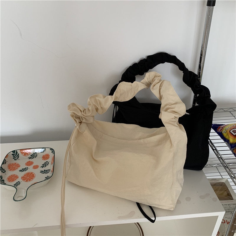 Ielgy Small Fresh Literary Solid Color Ladies Canvas Bag Korean Version One Shoulder Pleated Drawstring Portable Diagonal Casual Bag