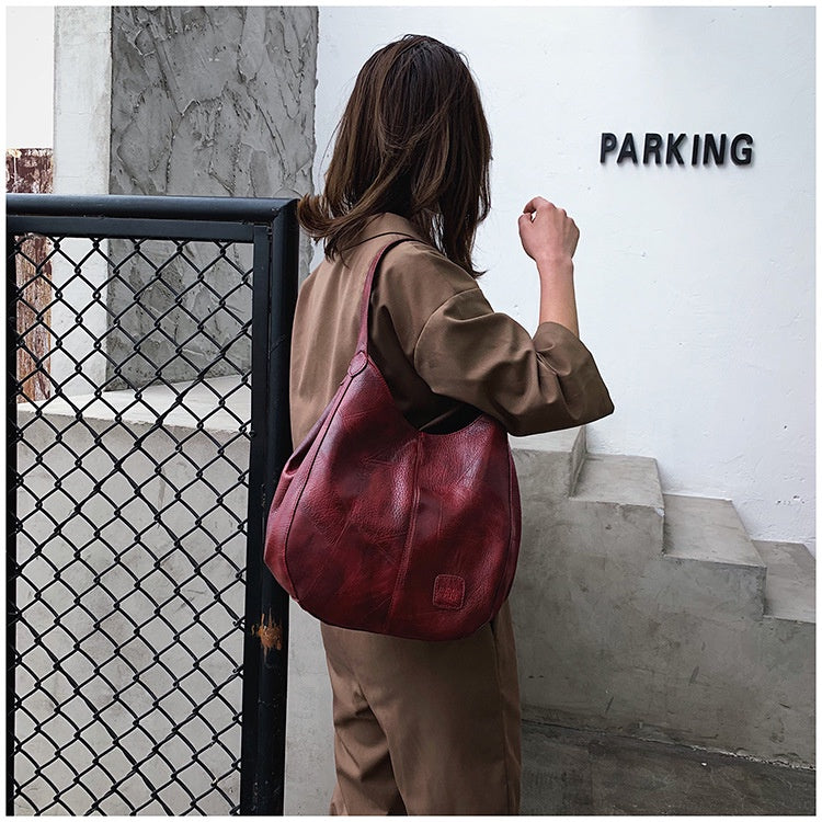 Ielgy Ladies Retro Soft Leather Shoulder Bag Ladies All-Match Shoulder Simple Portable Tote Bag