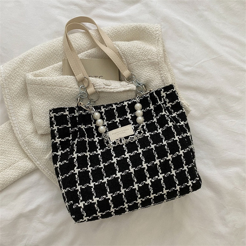 Ielgy Ladies Large-Capacity Commuter Bag Plaid Shoulder Underarm Tote Bag