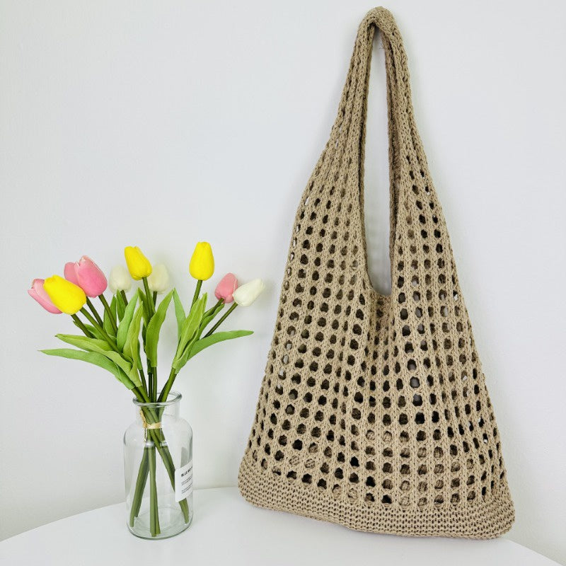 Ielgy Japanese Korean Style Tote Bag Beach Bag Knitted Hollow Shoulder Knitted Bag