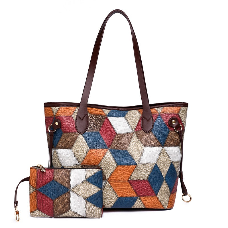 Ielgy Ladies Fashion Stitching Tote Bag Contrast Color Handbag Large Capacity Child-Mother Bag