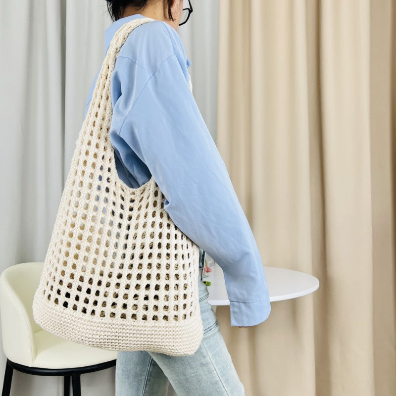 Ielgy Japanese Korean Style Tote Bag Beach Bag Knitted Hollow Shoulder Knitted Bag