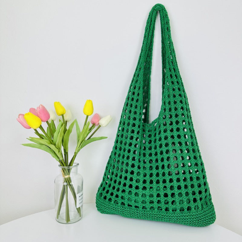 Ielgy Japanese Korean Style Tote Bag Beach Bag Knitted Hollow Shoulder Knitted Bag