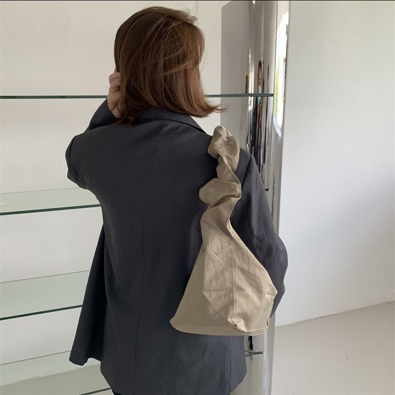 Ielgy Small Fresh Literary Solid Color Ladies Canvas Bag Korean Version One Shoulder Pleated Drawstring Portable Diagonal Casual Bag