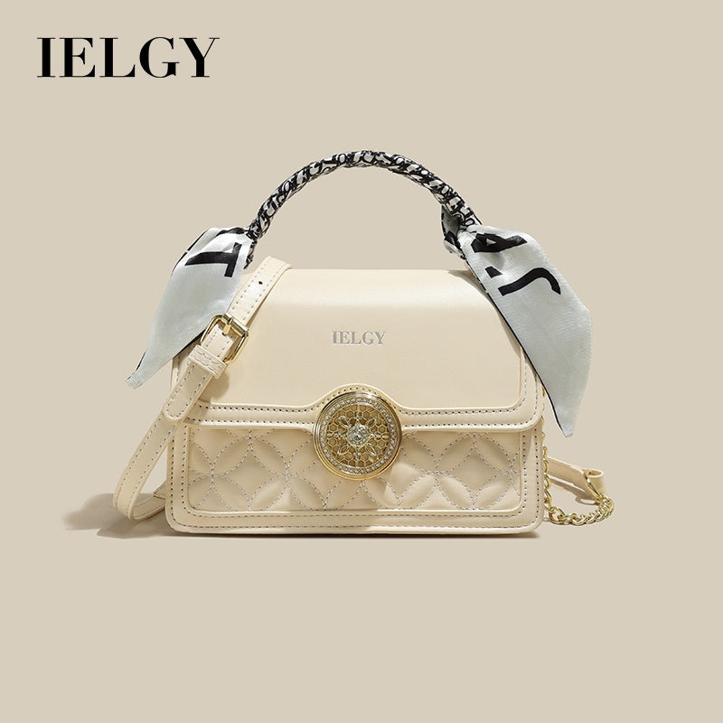 IELGY Versatile Crossbody Bag with Chain Shoulder Strap, Stylish Diamond Grid Pattern, Fashionable Small Shoulder Bag with Silk Scarf Decoration for Women