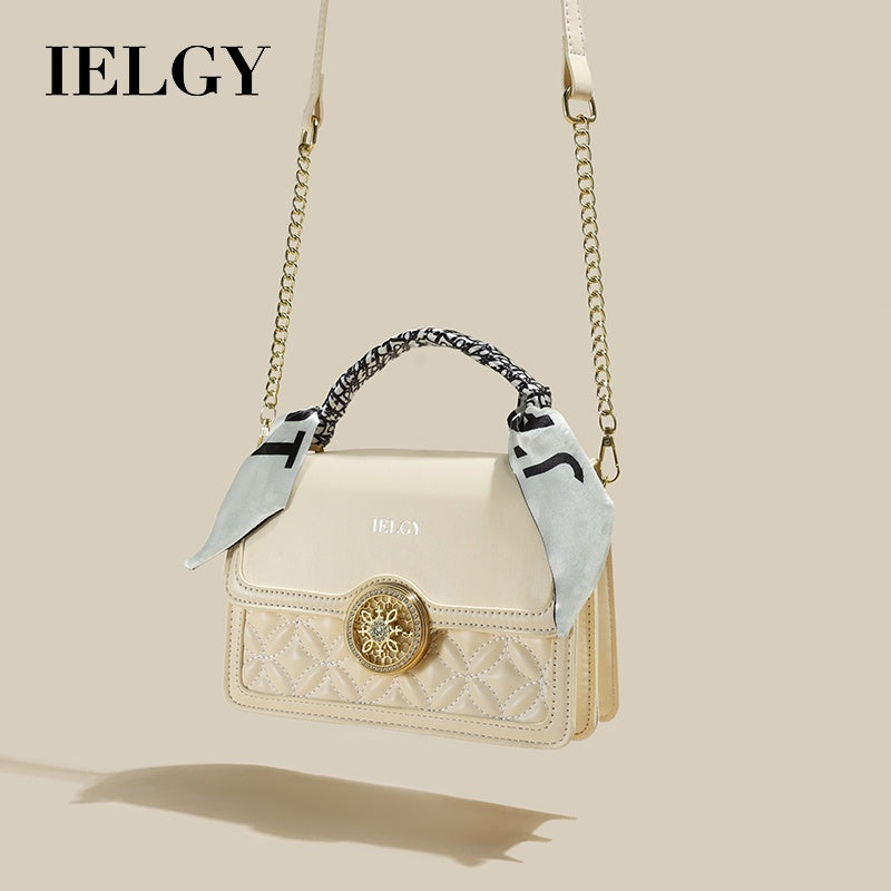 IELGY Versatile Crossbody Bag with Chain Shoulder Strap, Stylish Diamond Grid Pattern, Fashionable Small Shoulder Bag with Silk Scarf Decoration for Women