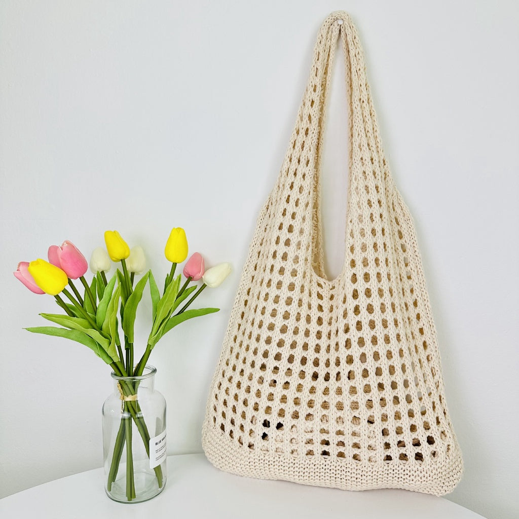 Ielgy Japanese Korean Style Tote Bag Beach Bag Knitted Hollow Shoulder Knitted Bag