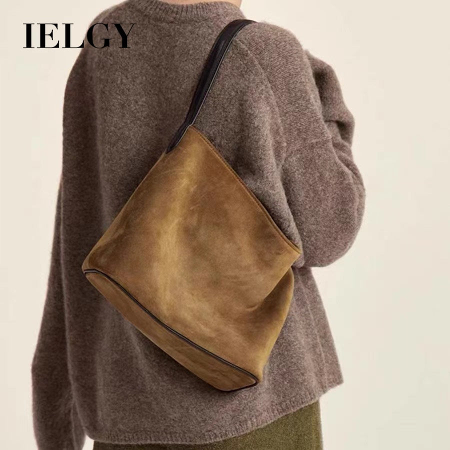 Ielgy Suede Leather Handbag Winter Fashion Old-fashioned Style High-End Lazy Style Tote Bag Retro Large-Capacity Shoulder Bag