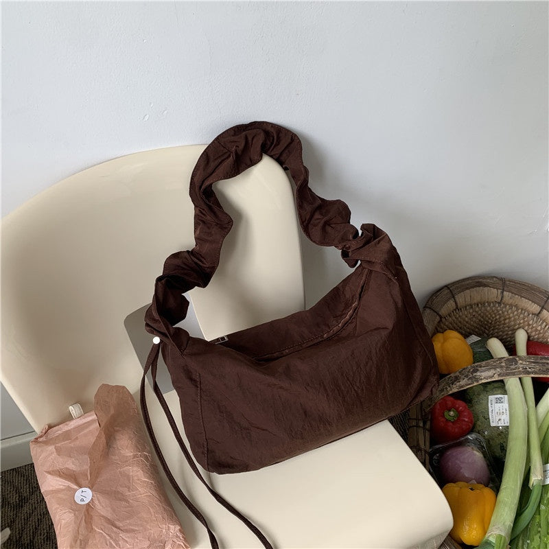 Ielgy Small Fresh Literary Solid Color Ladies Canvas Bag Korean Version One Shoulder Pleated Drawstring Portable Diagonal Casual Bag