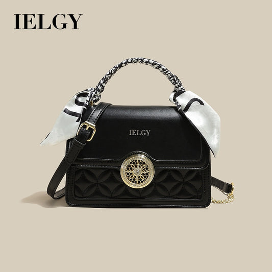 IELGY Casual and Simple Handbag with Silk Scarf Decoration and Chain Shoulder Strap, Available in Black and White Colors, Stylish Diamond Grid Crossbody and Shoulder Bag for Women