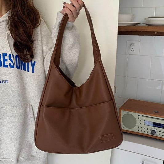 Ladies Brown Large-Capacity Bag Retro Casual Commuter Student Class One-Shoulder Tote Bag