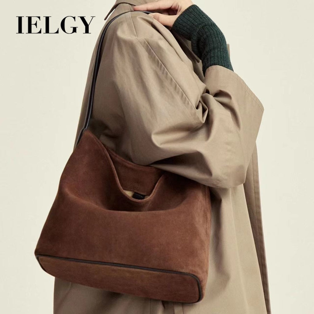 Ielgy Suede Leather Handbag Winter Fashion Old-fashioned Style High-End Lazy Style Tote Bag Retro Large-Capacity Shoulder Bag