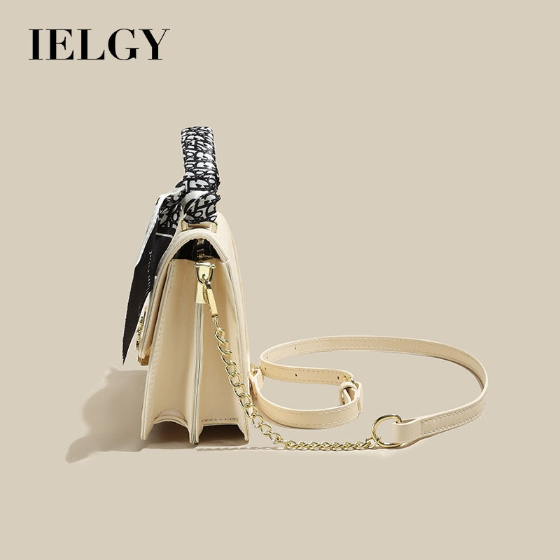 IELGY Versatile Crossbody Bag with Chain Shoulder Strap, Stylish Diamond Grid Pattern, Fashionable Small Shoulder Bag with Silk Scarf Decoration for Women