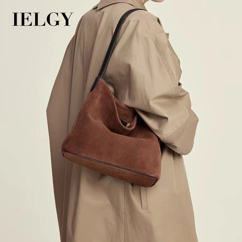 Ielgy Suede Leather Handbag Winter Fashion Old-fashioned Style High-End Lazy Style Tote Bag Retro Large-Capacity Shoulder Bag