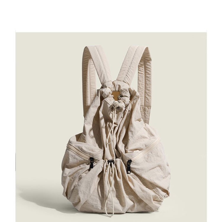 Ielgy Japanese Korean Drawstring Backpack Harajuku Style Large Capacity School Bag Casual All-Match Pleated Nylon Canvas Backpack