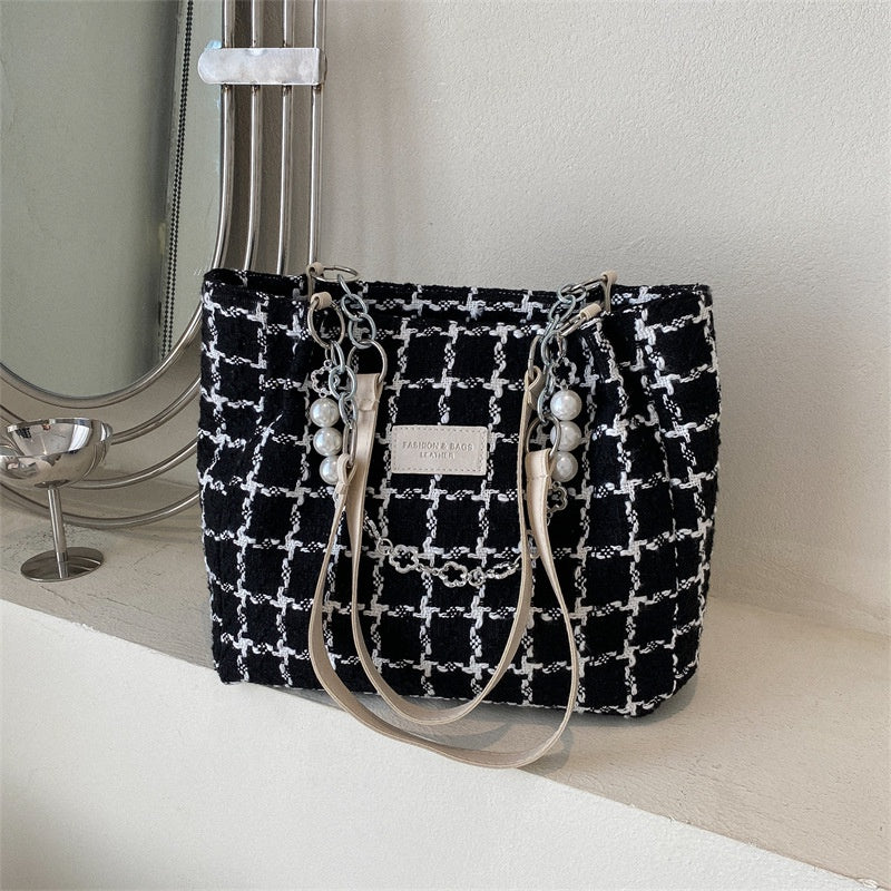 Ielgy Ladies Large-Capacity Commuter Bag Plaid Shoulder Underarm Tote Bag