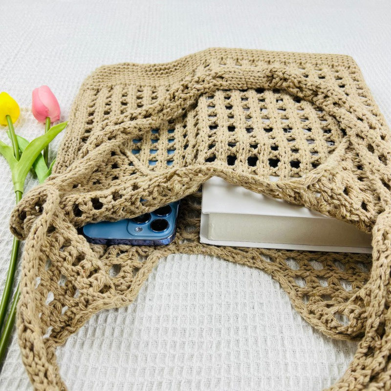 Ielgy Japanese Korean Style Tote Bag Beach Bag Knitted Hollow Shoulder Knitted Bag