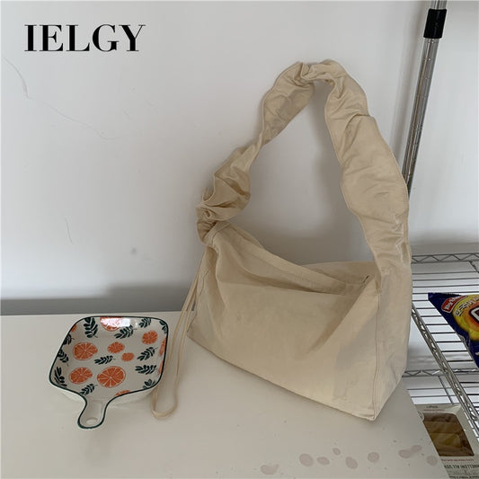 Ielgy Small Fresh Literary Solid Color Ladies Canvas Bag Korean Version One Shoulder Pleated Drawstring Portable Diagonal Casual Bag