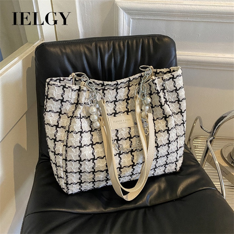 Ielgy Ladies Large-Capacity Commuter Bag Plaid Shoulder Underarm Tote Bag