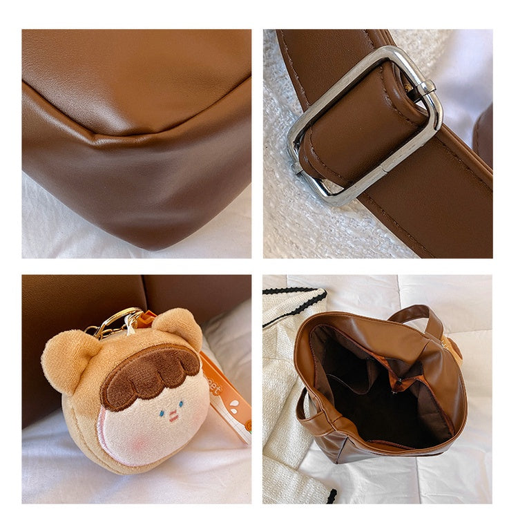 Ielgy Ladies Soft Leather Retro Bucket Bag Large Capacity Cross-body Shoulder Tote Bag (Free Pendant)