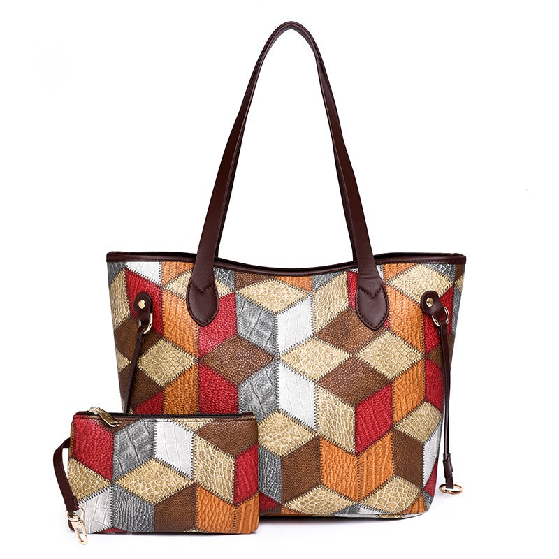 Ielgy Ladies Fashion Stitching Tote Bag Contrast Color Handbag Large Capacity Child-Mother Bag