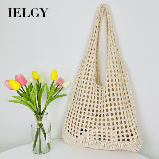 Ielgy Japanese Korean Style Tote Bag Beach Bag Knitted Hollow Shoulder Knitted Bag