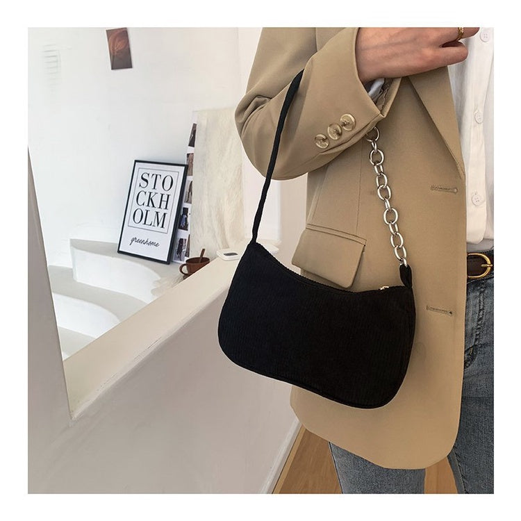 Ielgy Ladies Portable Small Square Bag Plush Shoulder Fashion Retro Corduroy Underarm Baguette Bag