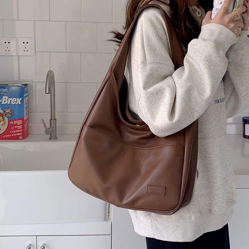 Ladies Brown Large-Capacity Bag Retro Casual Commuter Student Class One-Shoulder Tote Bag