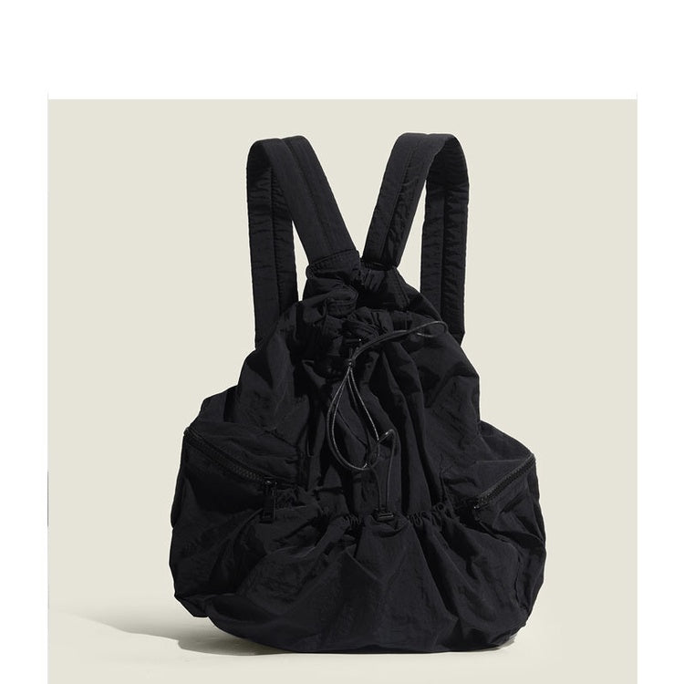 Ielgy Japanese Korean Drawstring Backpack Harajuku Style Large Capacity School Bag Casual All-Match Pleated Nylon Canvas Backpack
