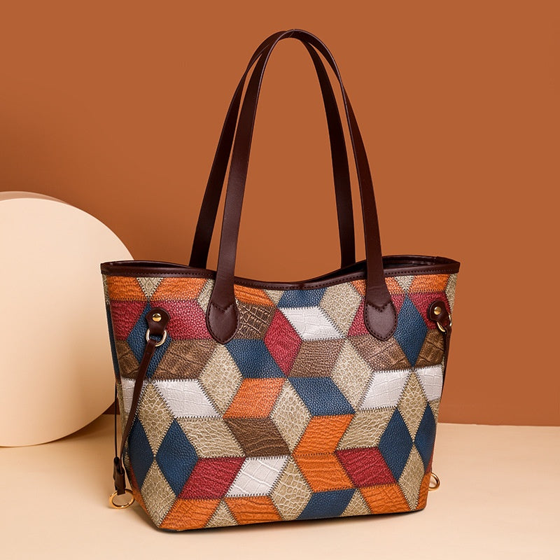 Ielgy Ladies Fashion Stitching Tote Bag Contrast Color Handbag Large Capacity Child-Mother Bag