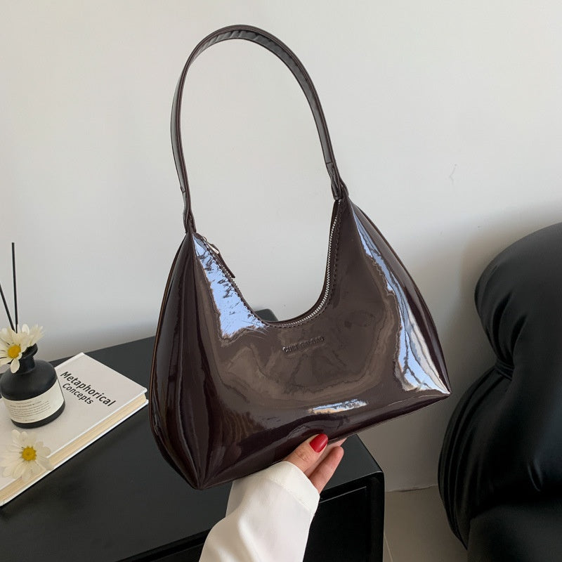 Ielgy Ladies Patent Leather Bag Baguette Crescent Bag Ladies Shoulder Handbag Texture Fashion Underarm Bag