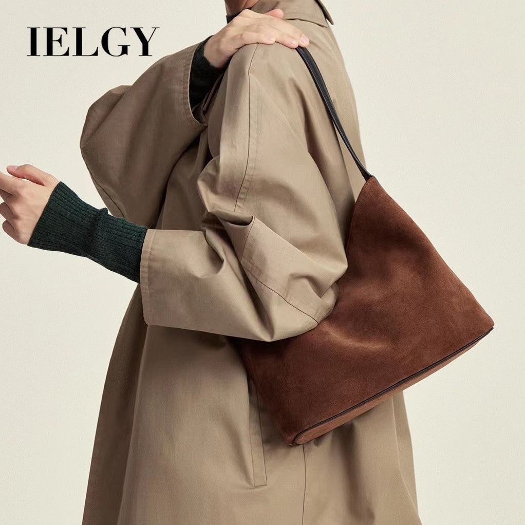 Ielgy Suede Leather Handbag Winter Fashion Old-fashioned Style High-End Lazy Style Tote Bag Retro Large-Capacity Shoulder Bag