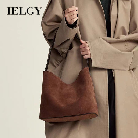 Ielgy Suede Leather Handbag Winter Fashion Old-fashioned Style High-End Lazy Style Tote Bag Retro Large-Capacity Shoulder Bag