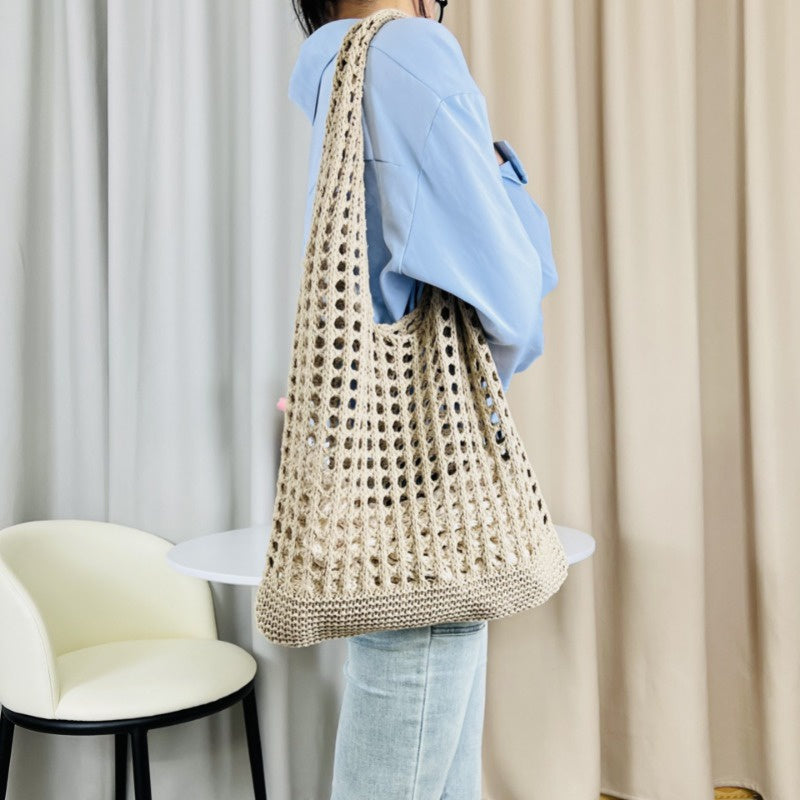 Ielgy Japanese Korean Style Tote Bag Beach Bag Knitted Hollow Shoulder Knitted Bag
