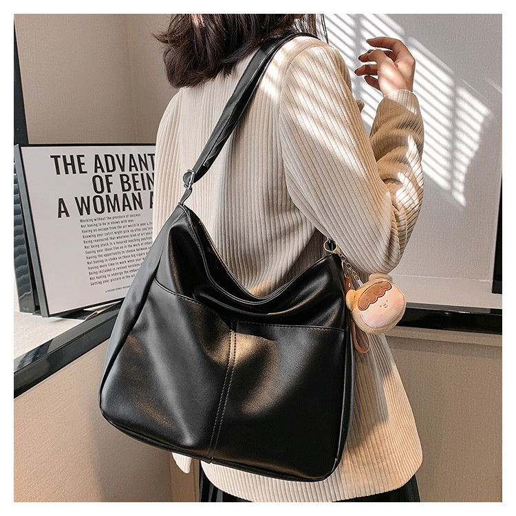 Ielgy Ladies Soft Leather Retro Bucket Bag Large Capacity Cross-body Shoulder Tote Bag (Free Pendant)