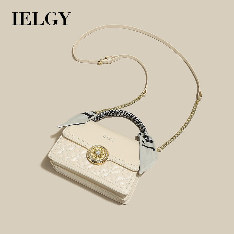 IELGY Versatile Crossbody Bag with Chain Shoulder Strap, Stylish Diamond Grid Pattern, Fashionable Small Shoulder Bag with Silk Scarf Decoration for Women