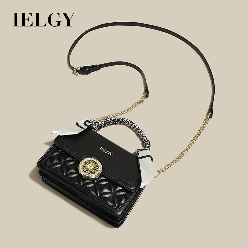 IELGY Versatile Crossbody Bag with Chain Shoulder Strap, Stylish Diamond Grid Pattern, Fashionable Small Shoulder Bag with Silk Scarf Decoration for Women
