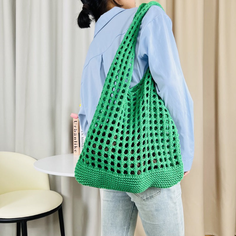 Ielgy Japanese Korean Style Tote Bag Beach Bag Knitted Hollow Shoulder Knitted Bag