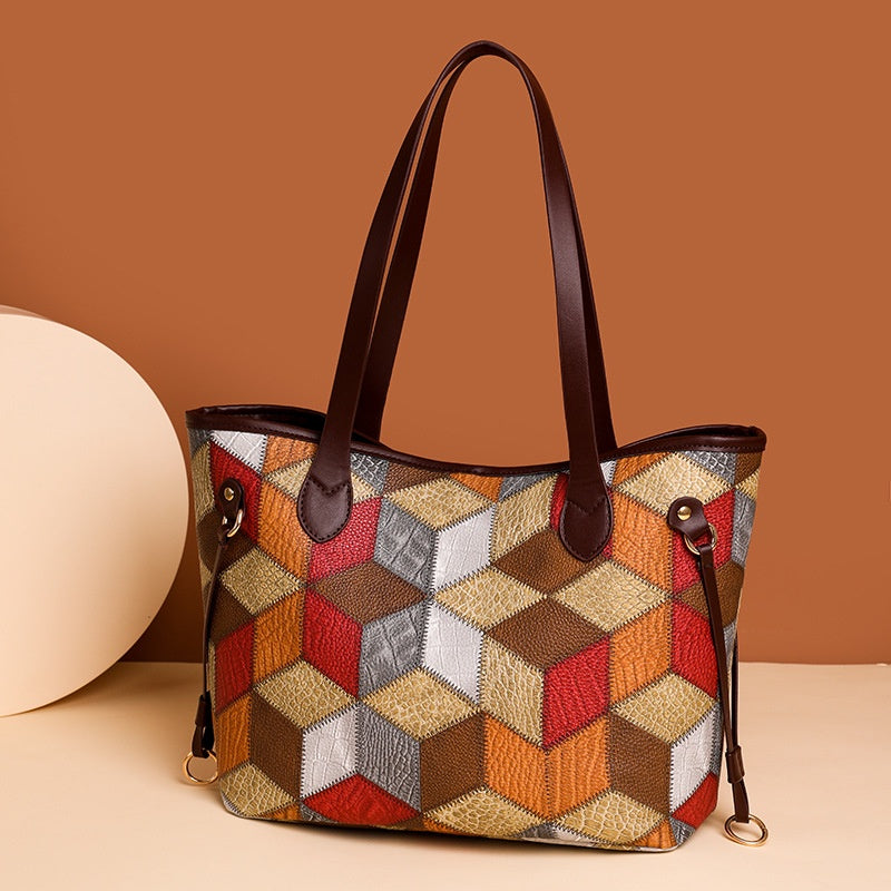 Ielgy Ladies Fashion Stitching Tote Bag Contrast Color Handbag Large Capacity Child-Mother Bag