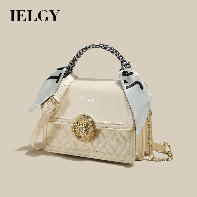 IELGY Versatile Crossbody Bag with Chain Shoulder Strap, Stylish Diamond Grid Pattern, Fashionable Small Shoulder Bag with Silk Scarf Decoration for Women
