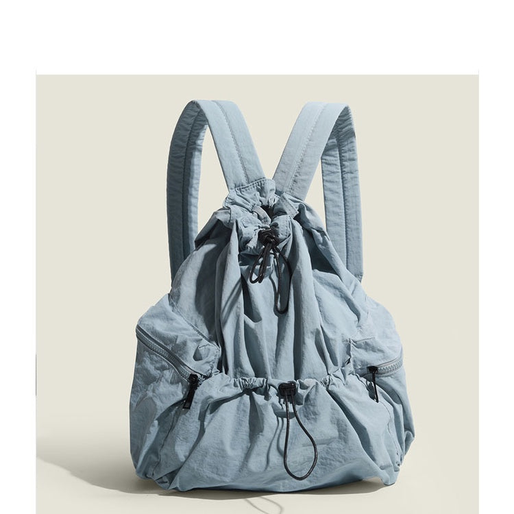 Ielgy Japanese Korean Drawstring Backpack Harajuku Style Large Capacity School Bag Casual All-Match Pleated Nylon Canvas Backpack
