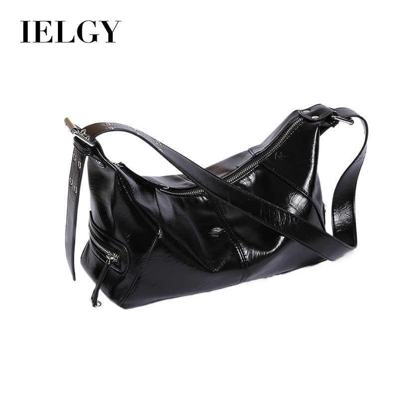 IELGY retro oil wax leather messenger bag, crescent bag, large-capacity versatile single shoulder wide shoulder strap textured women's bag