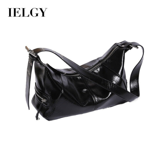 IELGY retro oil wax leather messenger bag, crescent bag, large-capacity versatile single shoulder wide shoulder strap textured women's bag